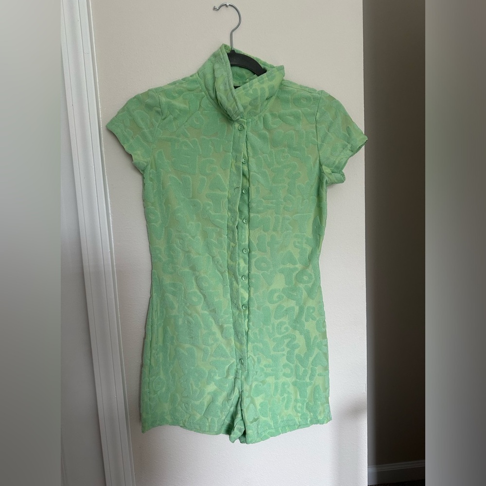 Green Sunisery Women Turn-down Collar Playsuit Short Sleeve Letters One-piece